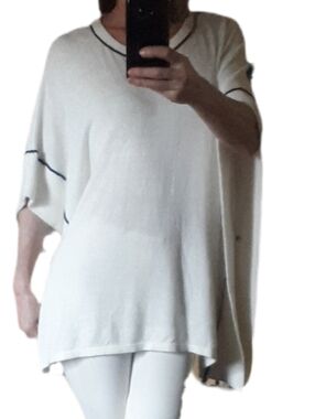 Ivory Knit Cotton Cashmere Poncho Sweater with Navy Trim